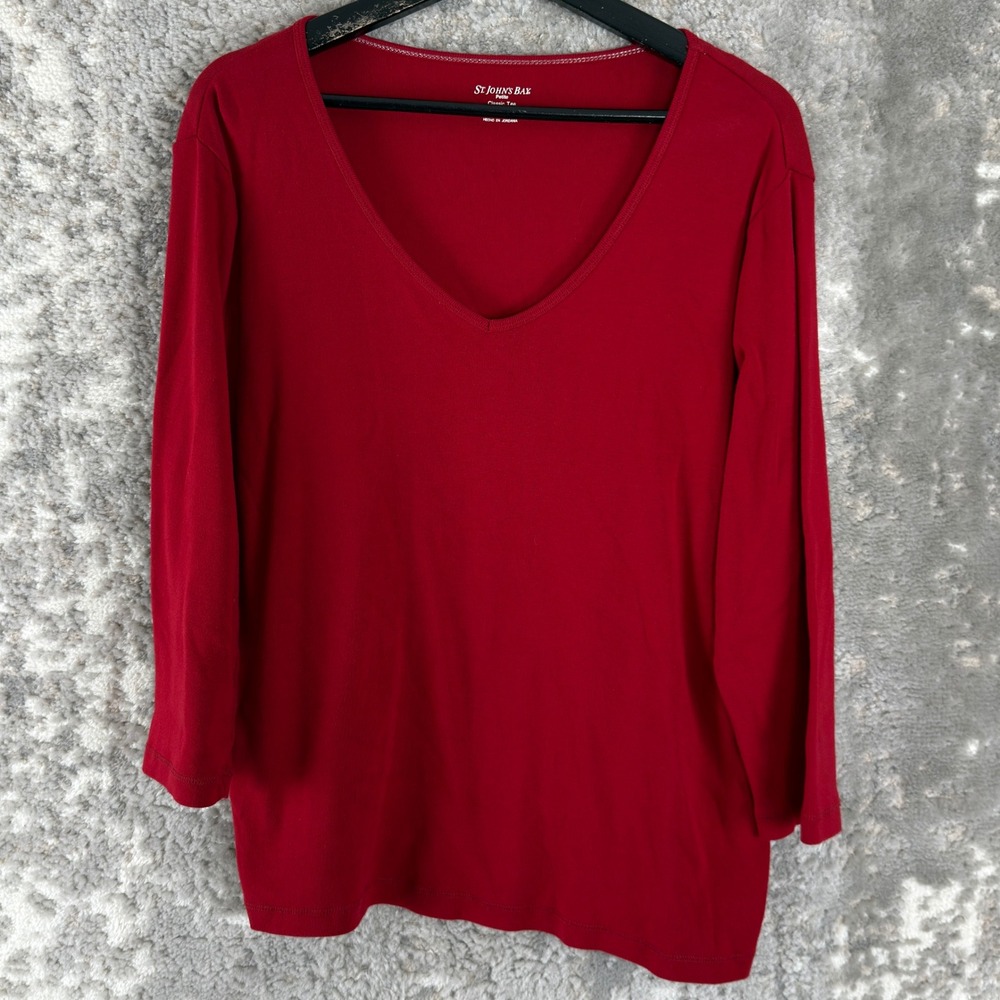 St. John's Bay Petite Size XLp V-Neck Classic Tee Red 3/4 Sleeve Women
